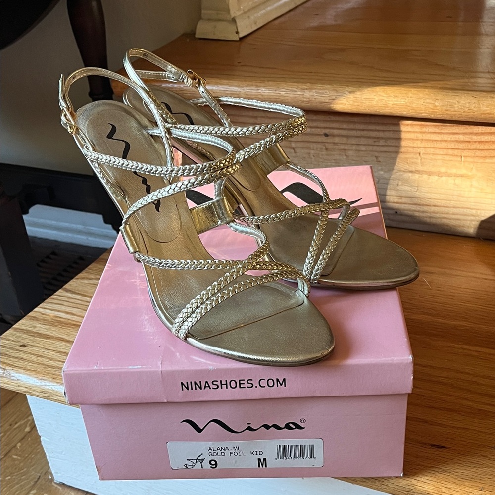 Nina Alana - ML Gold Foil open toe heels, 9